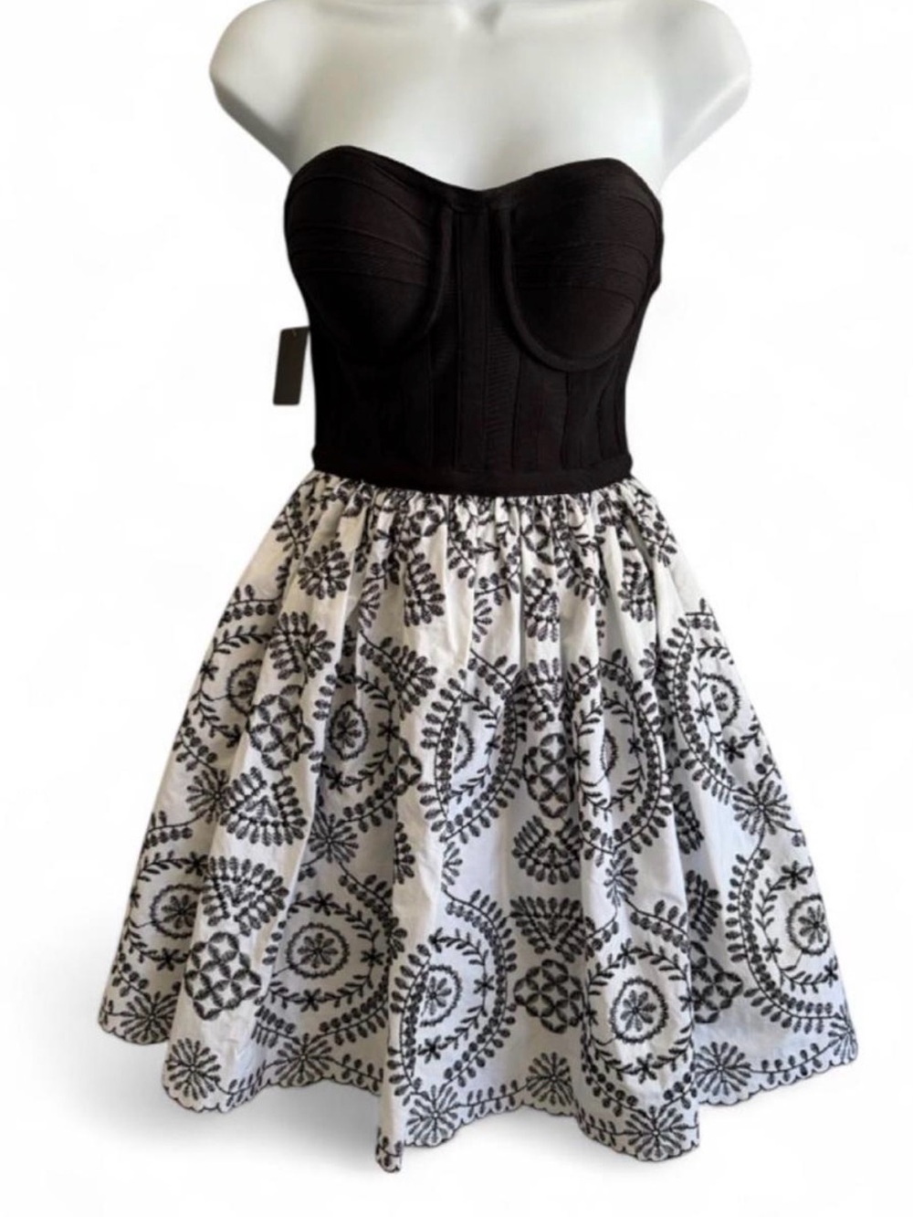 bebe Strapless Black Bodice White Skirt with Black Embroidery